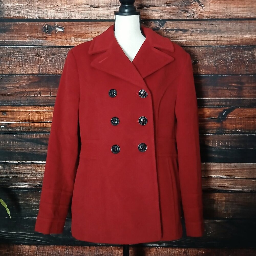St Johns Bay Pea Coat L Red Wool Cashmere Blend Double Breasted Lined Pockets